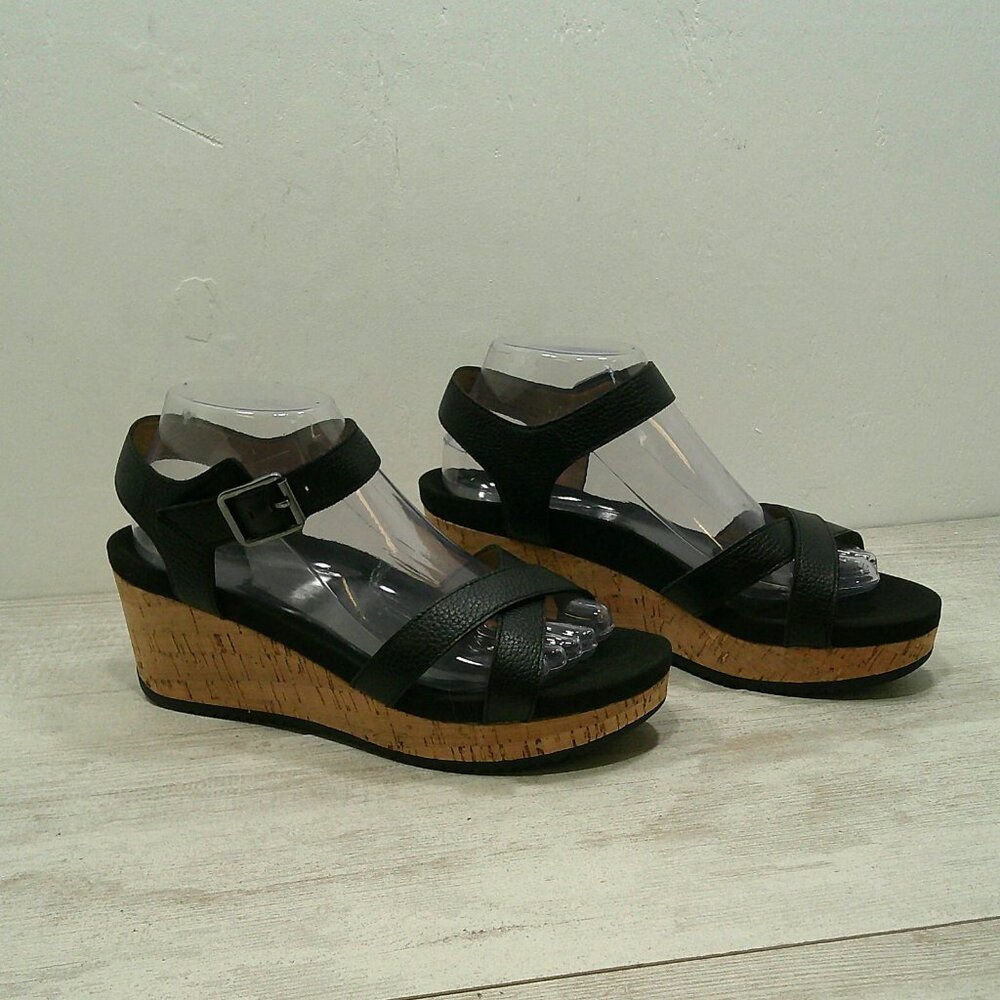 ABEO Nyla Comfort Black Leather Orthotic Wedge Sandals Size 9 N | Narrow